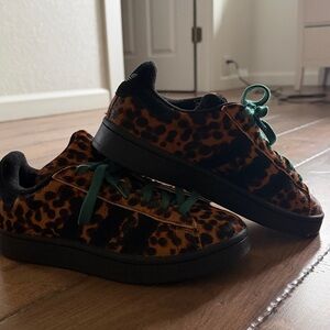 Never Worn- Adidas Leopard Print Sneakers with Green Laces- real fur- Samba OG
